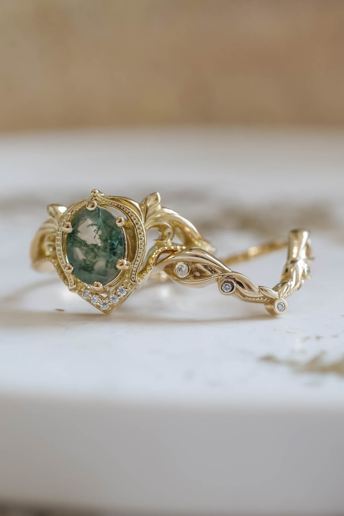 Moss agate bridal ring set, nature inspired engagement rings / Lida - Eden Garden Jewelry™