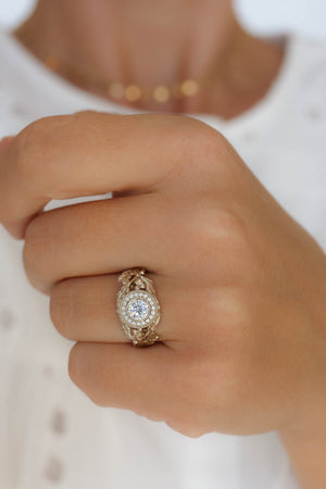 Moissanite halo engagement ring, white gold oak leaf ring / Dair - Eden Garden Jewelry™