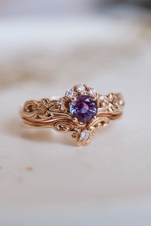 Irish engagement ring set with alexandrite, gold clover leaf rings / Horta - Eden Garden Jewelry™
