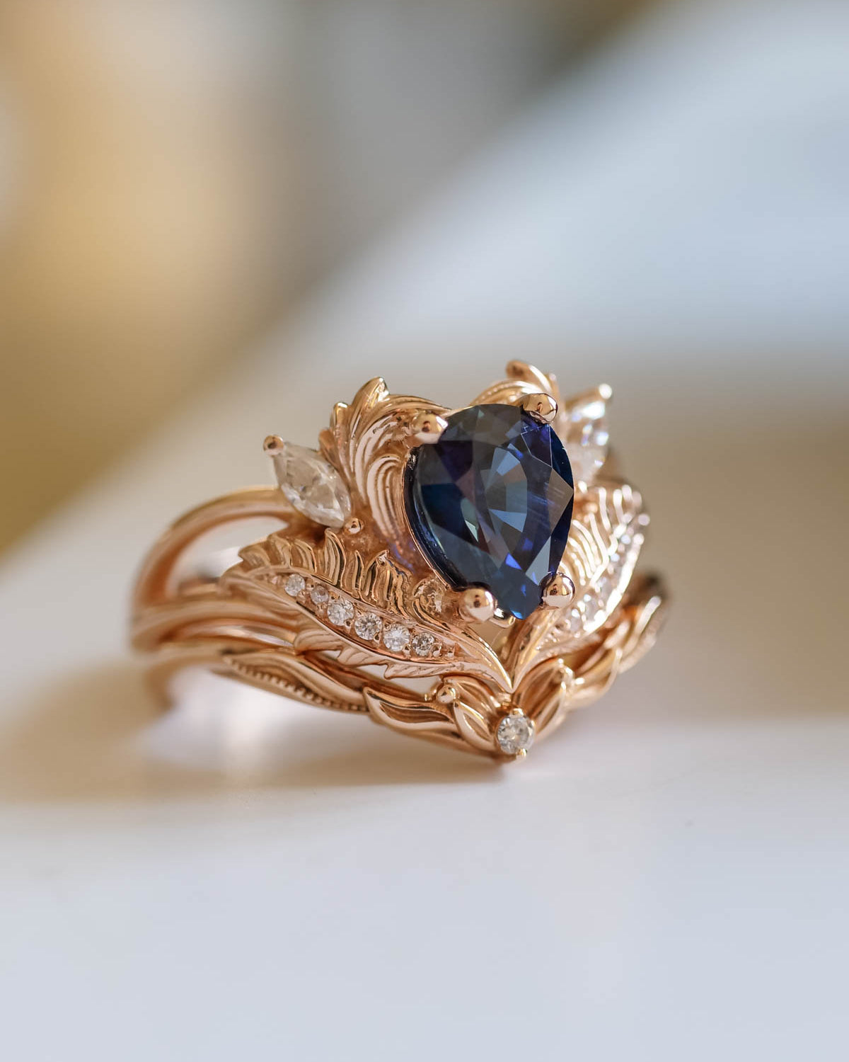Genuine sapphire bridal ring set, gold engagement and wedding rings set with diamonds / Adonis - Eden Garden Jewelry™