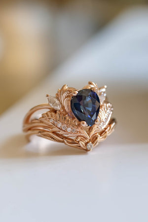 Natural blue sapphire bridal ring set, ornate engagement and wedding rings set / Adonis - Eden Garden Jewelry™