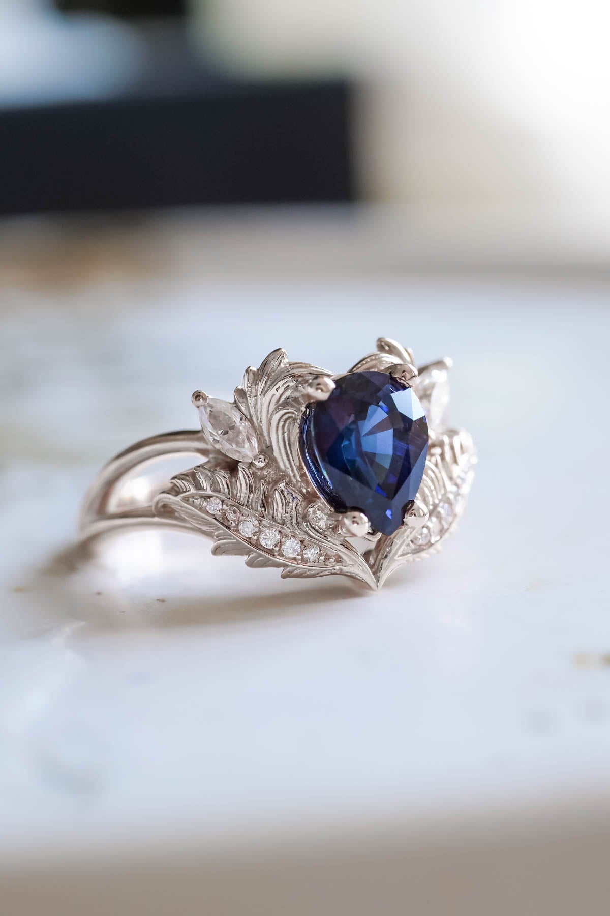 Blue sapphire engagement ring, nature inspired diamond ring / Adonis - Eden Garden Jewelry™