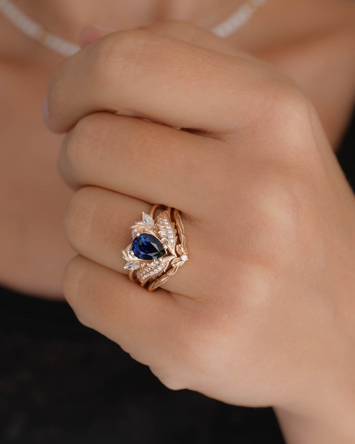 Genuine sapphire bridal ring set, gold engagement and wedding rings set with diamonds / Adonis - Eden Garden Jewelry™