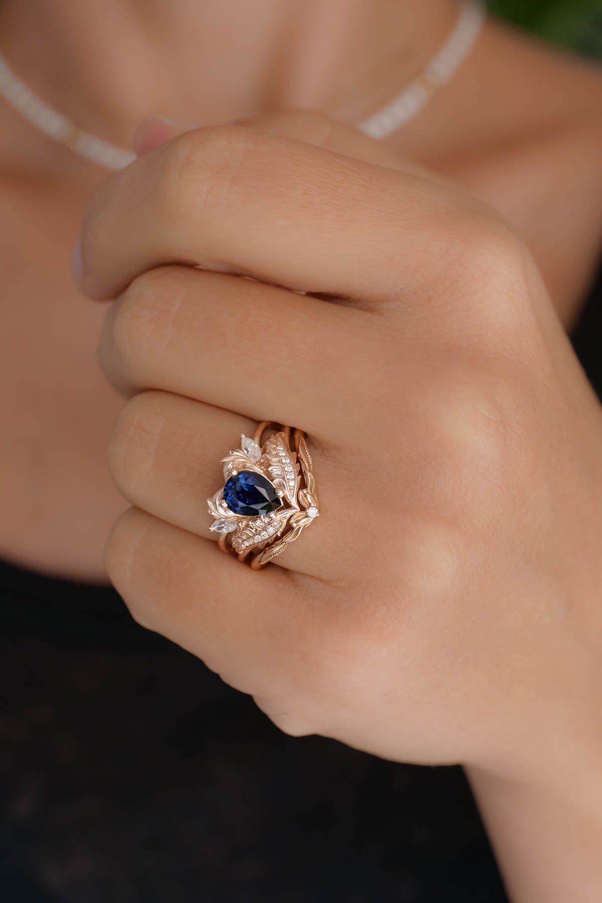 Genuine sapphire bridal ring set, gold engagement and wedding rings set with diamonds / Adonis - Eden Garden Jewelry™
