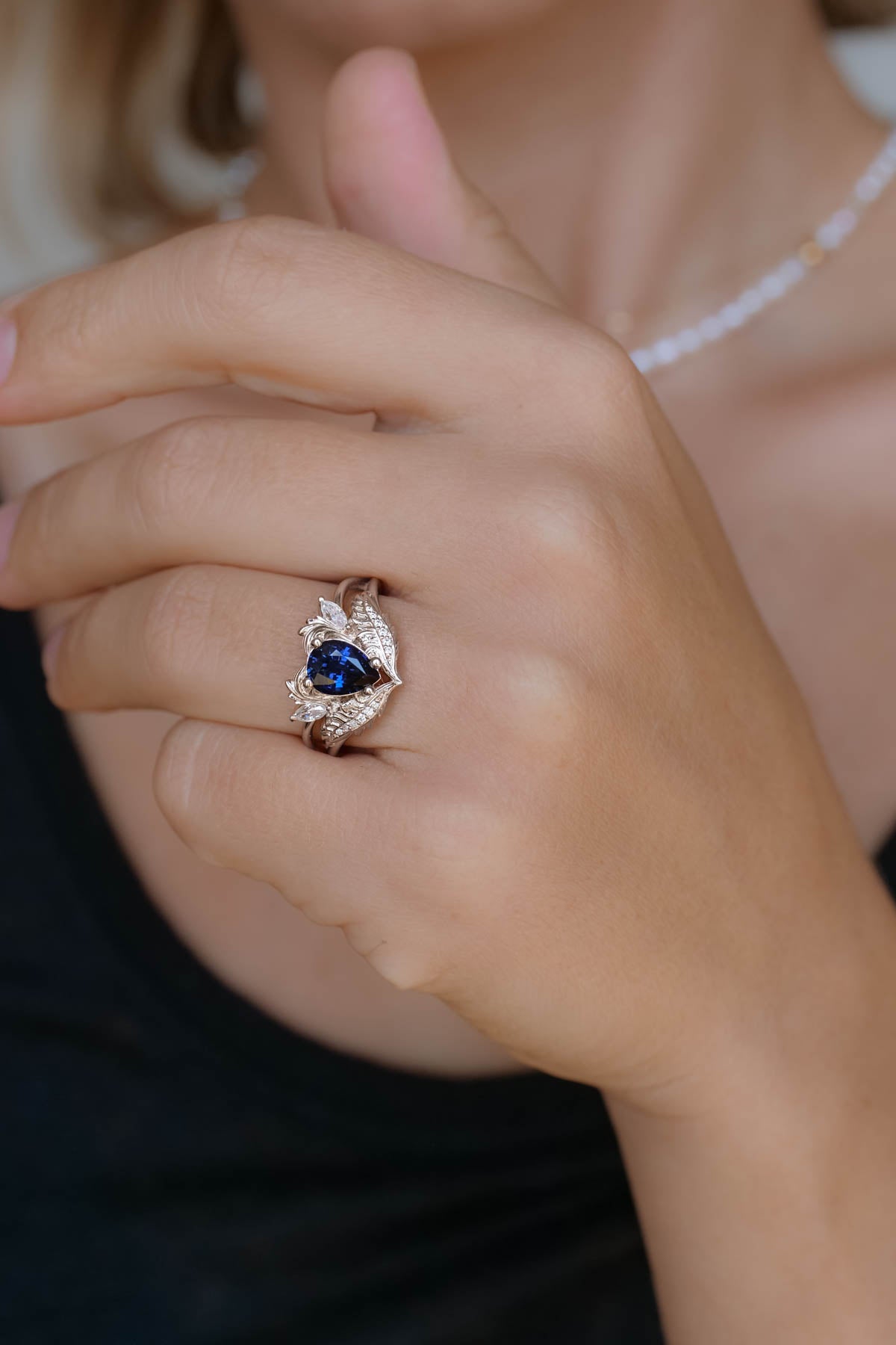 Royal blue sapphire engagement ring, gold nature inspired ring with diamonds / Adonis - Eden Garden Jewelry™