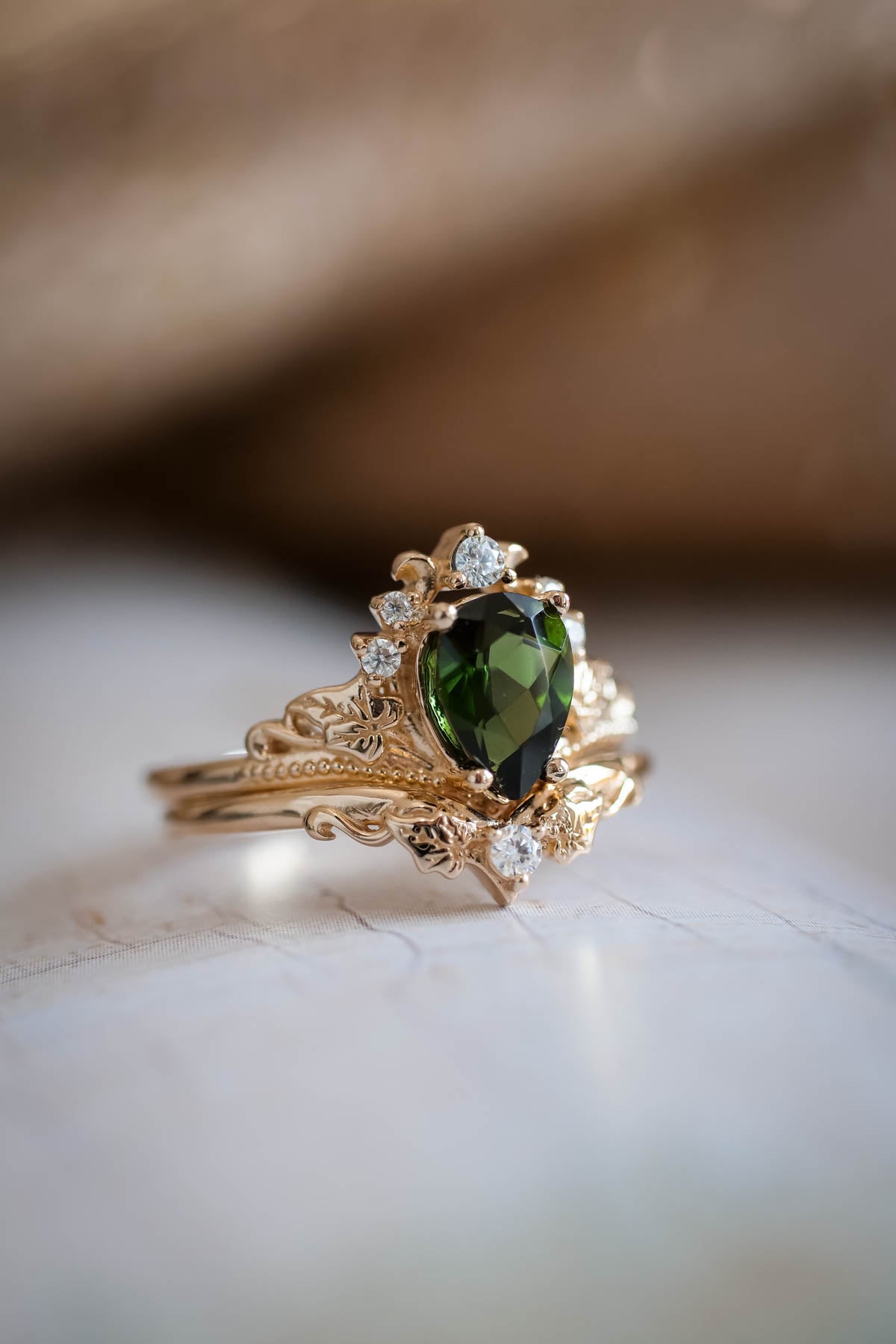 Green tourmaline engagement ring, bridal ring set with diamonds / Ariadne - Eden Garden Jewelry™