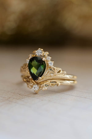 Green tourmaline engagement ring, bridal ring set with diamonds / Ariadne - Eden Garden Jewelry™