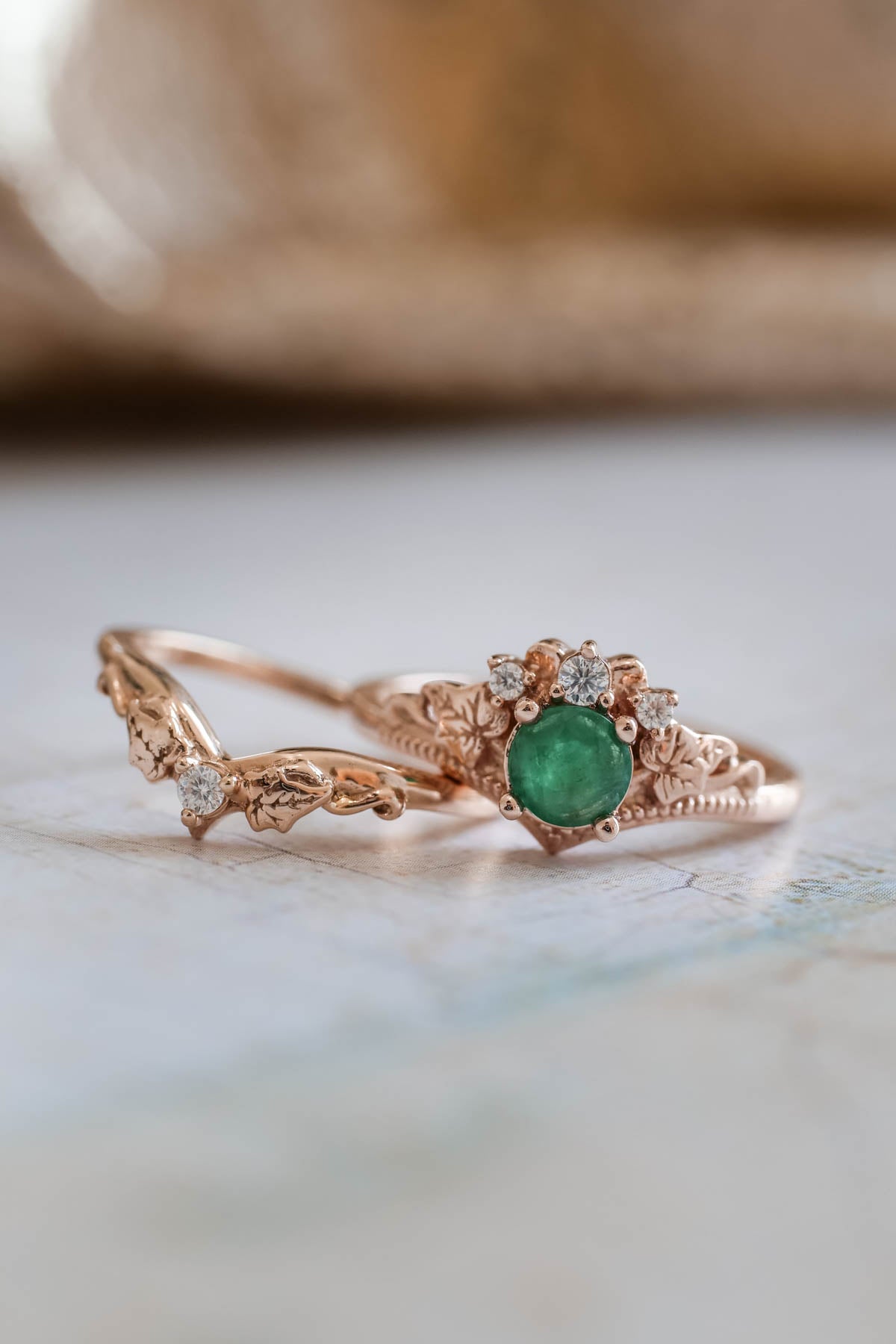 Natural Emerald Engagement Ring, Rose Gold Leaves Ring | Benati