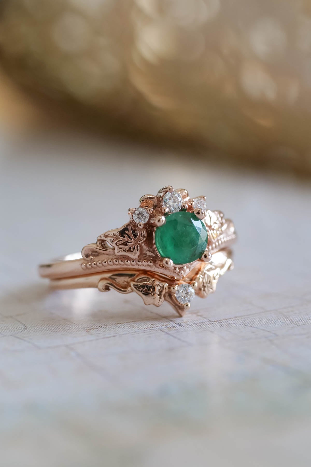 Emerald bridal ring set with diamonds, alternative engagement ring set / Ariadne - Eden Garden Jewelry™