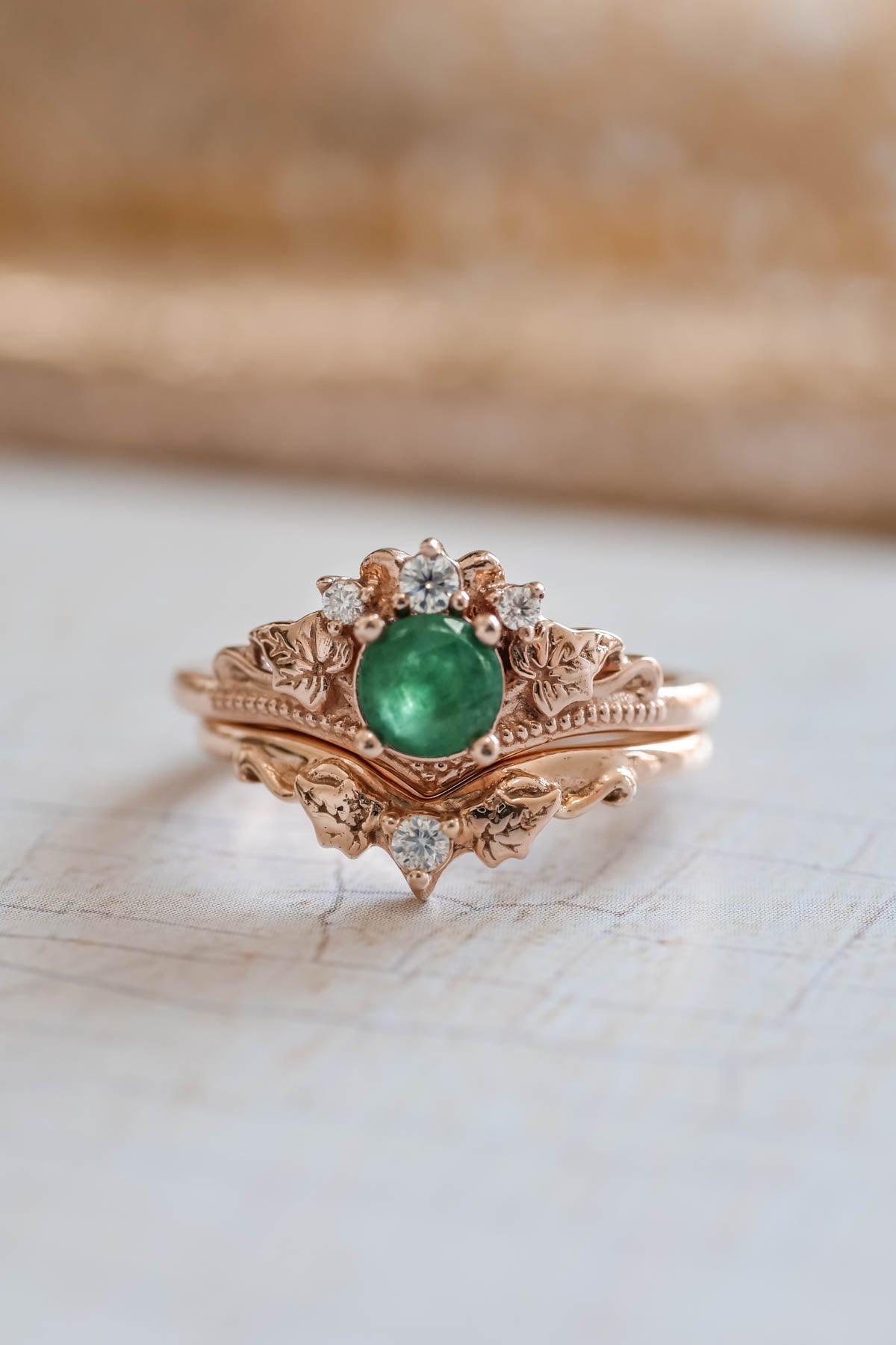 Natural emerald engagement ring, ivy leaves diamond ring / Ariadne - Eden Garden Jewelry™