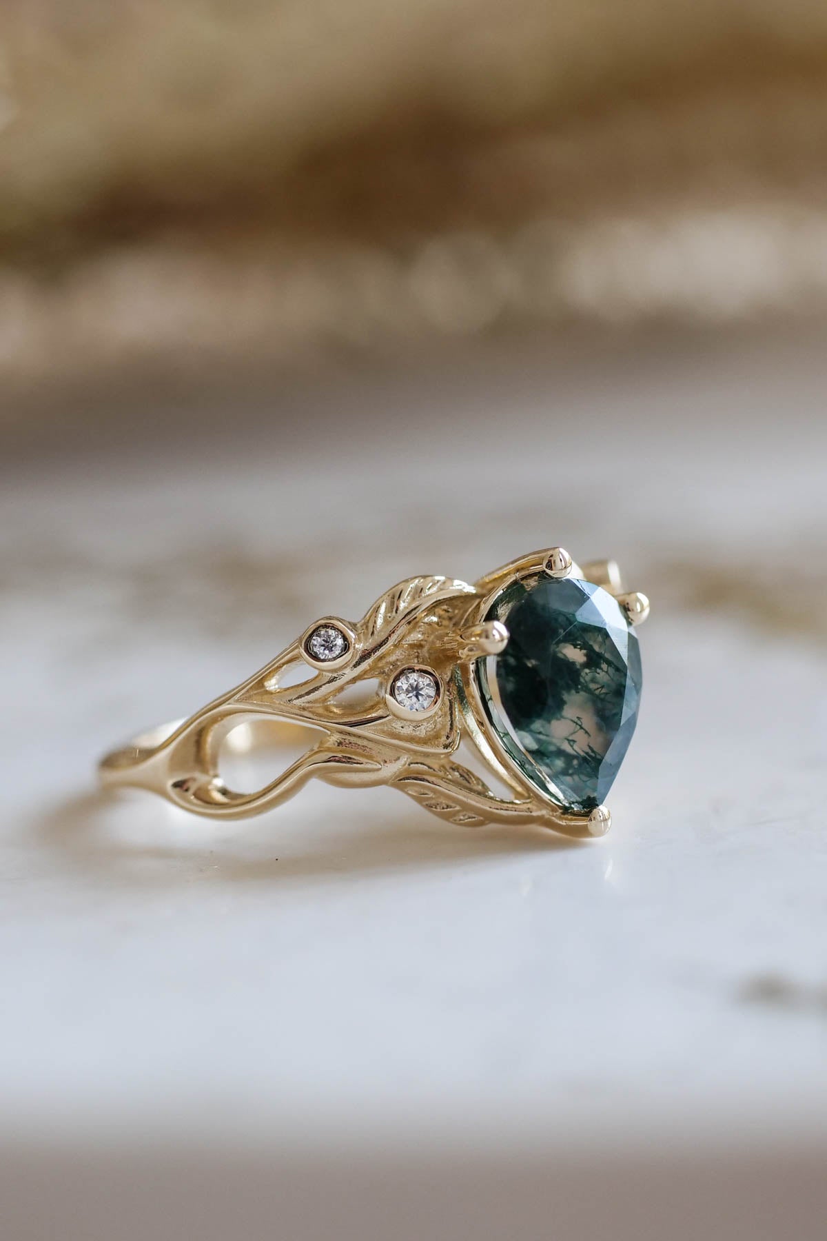 Unique moss agate engagement ring, alternative promise ring with
