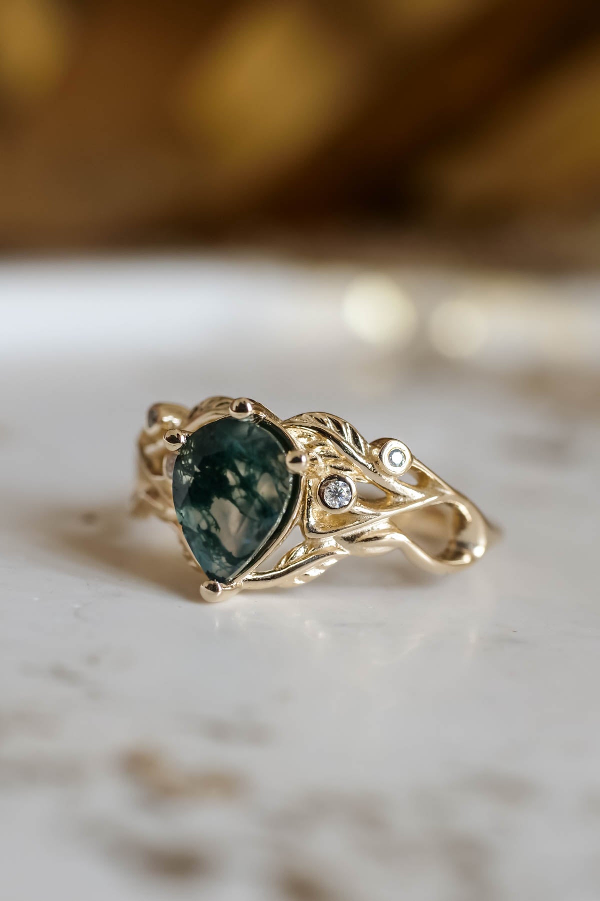 READY TO SHIP: Callisto in 14K yellow gold, pear moss agate 8x6 mm, moissanites, RING SIZE 5.75 US - Eden Garden Jewelry™