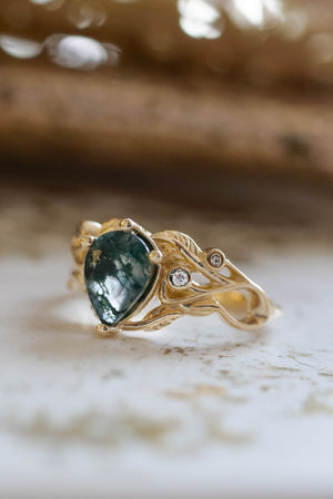 READY TO SHIP: Callisto in 14K yellow gold, pear moss agate 8x6 mm, moissanites, RING SIZE 5.75 US - Eden Garden Jewelry™