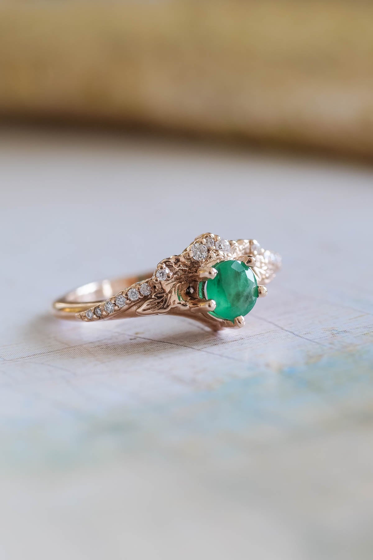 Emerald and diamonds engagement ring, leaf and vine gold ring / Amelia - Eden Garden Jewelry™