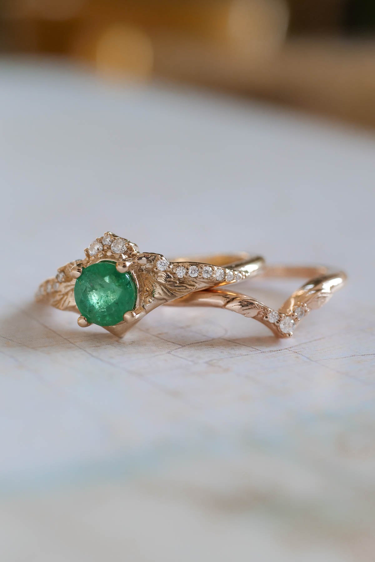 Emerald bridal ring set, gold engagement and wedding rings / Amelia - Eden Garden Jewelry™