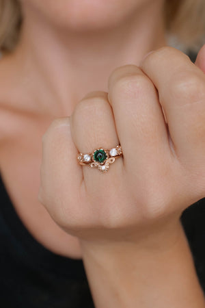 Lab emerald engagement ring set, two pieces ring set / Fiorella - Eden Garden Jewelry™