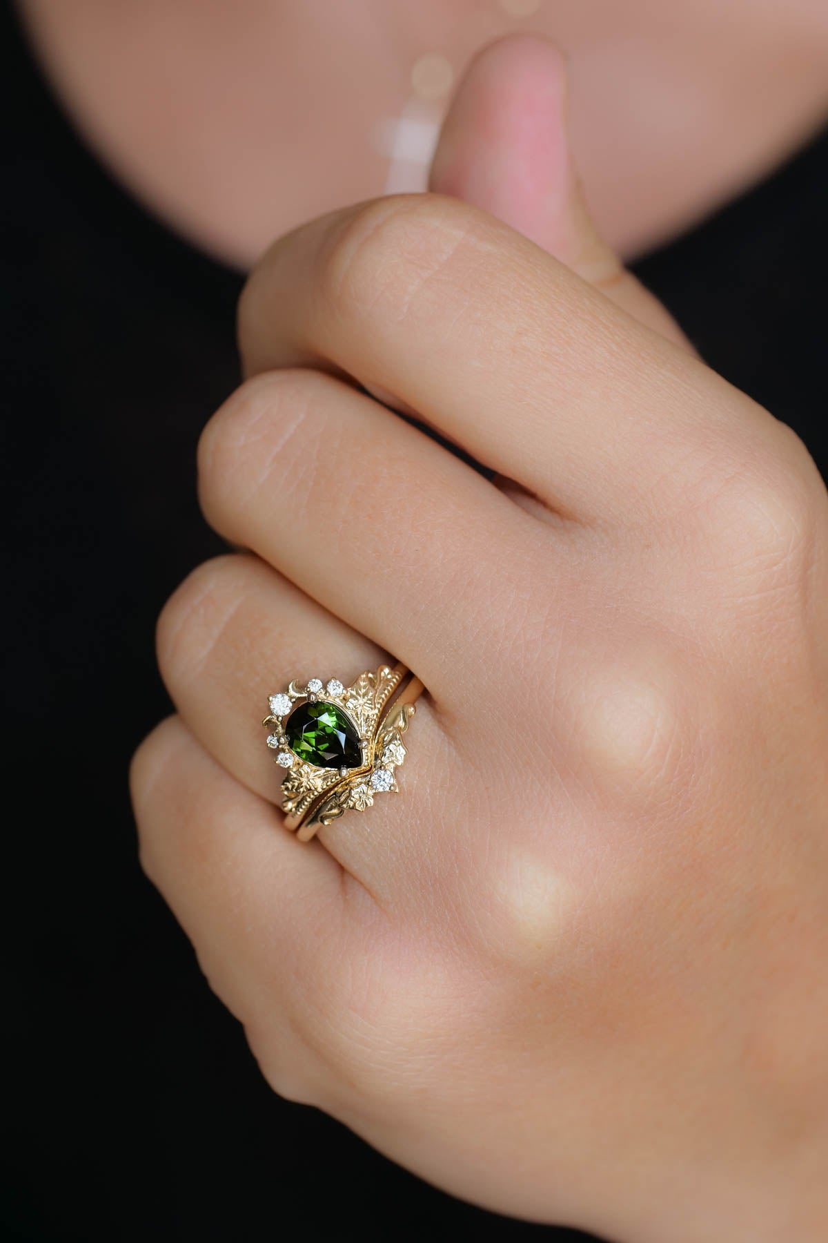Emerald Bridal Ring Set with Diamonds, Alternative Engagement Ring Set / Ariadne