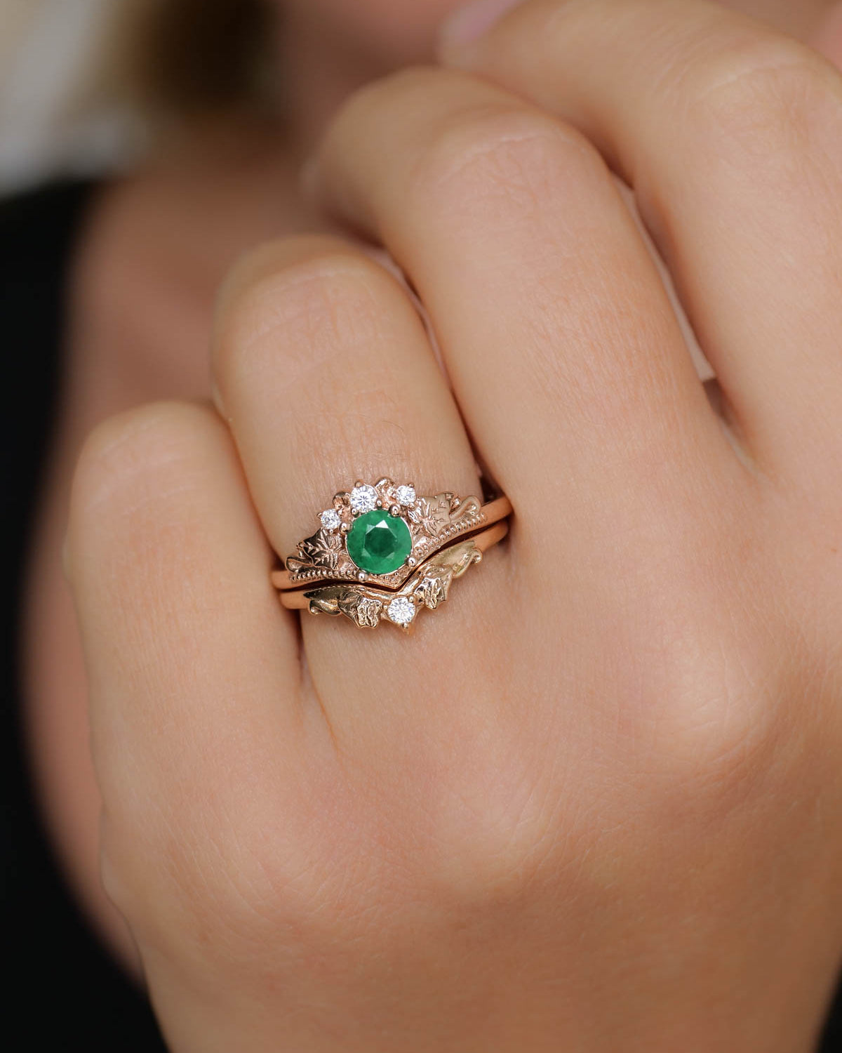 Emerald bridal ring set with diamonds, alternative engagement ring set / Ariadne - Eden Garden Jewelry™