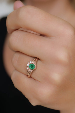 Natural emerald engagement ring, ivy leaves diamond ring / Ariadne - Eden Garden Jewelry™