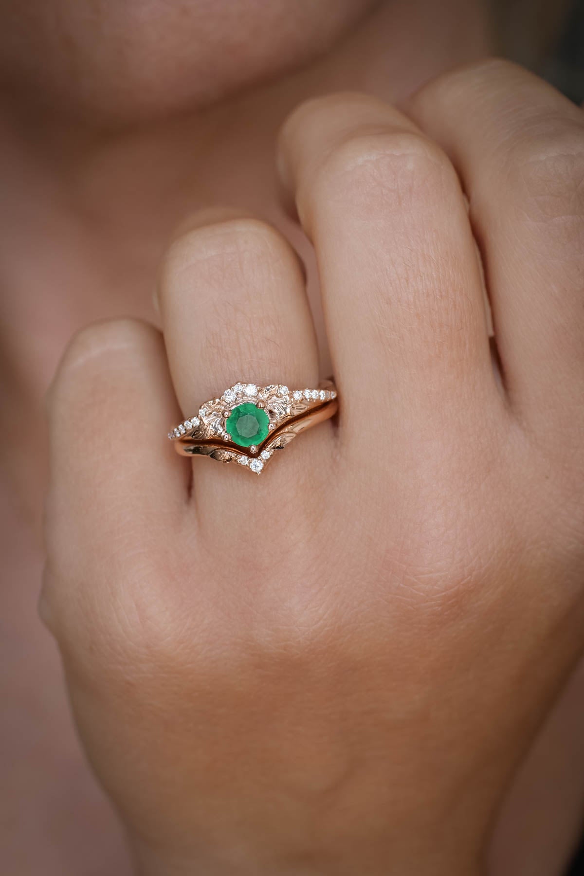 Natural emerald engagement ring set, nature inspired gold rings / Amelia - Eden Garden Jewelry™