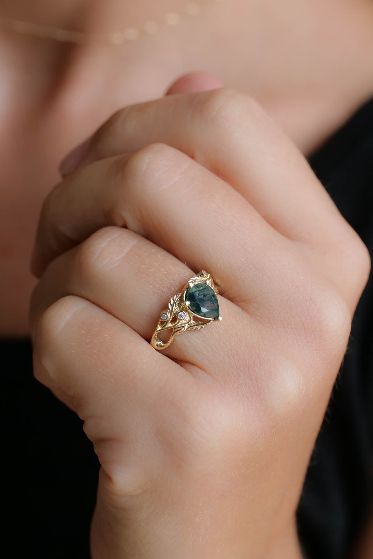 Unique moss agate engagement ring, alternative promise ring with diamonds / Callisto - Eden Garden Jewelry™
