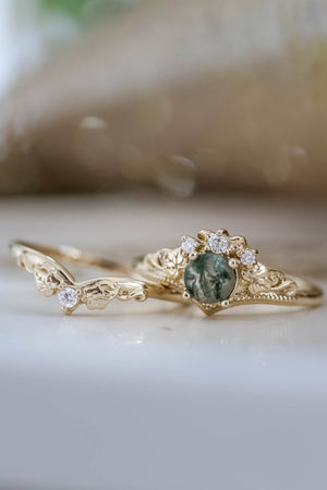Moss agate engagement ring, alternative gold promise ring with diamonds / Ariadne - Eden Garden Jewelry™