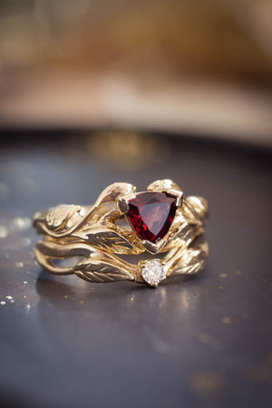 Trillion garnet engagement ring, nature inspired gold ring / Clematis - Eden Garden Jewelry™