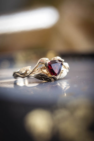 Trillion garnet engagement ring, nature inspired gold ring / Clematis - Eden Garden Jewelry™