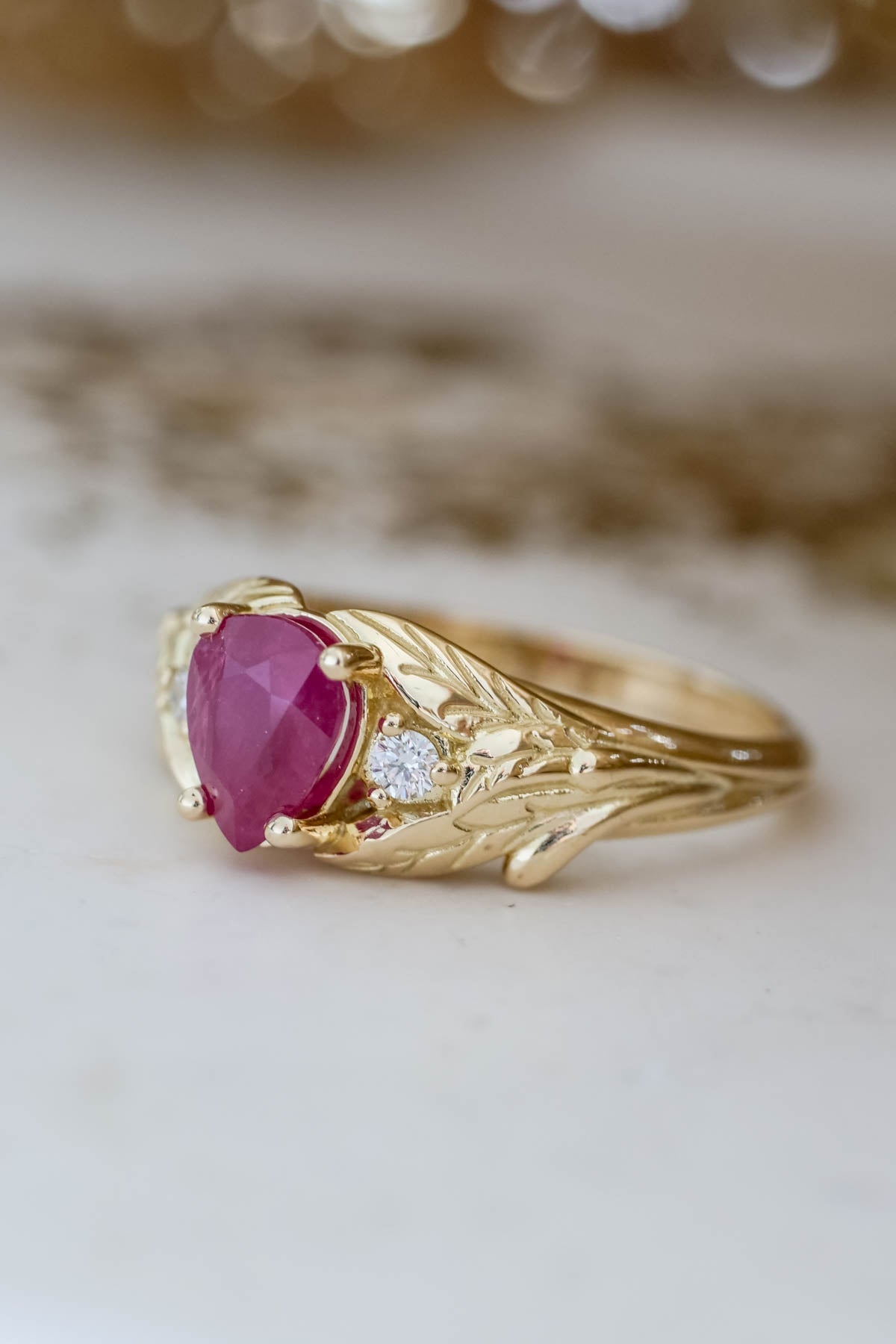 Ruby gold engagement ring, leaves engagement ring with diamonds / Wisteria - Eden Garden Jewelry™