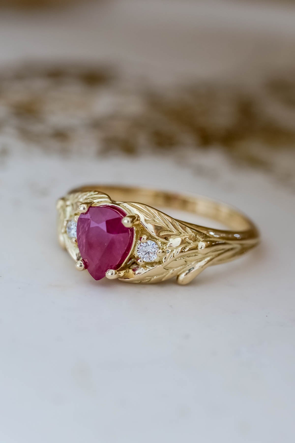 Ruby gold engagement ring, leaves engagement ring with diamonds / Wisteria - Eden Garden Jewelry™