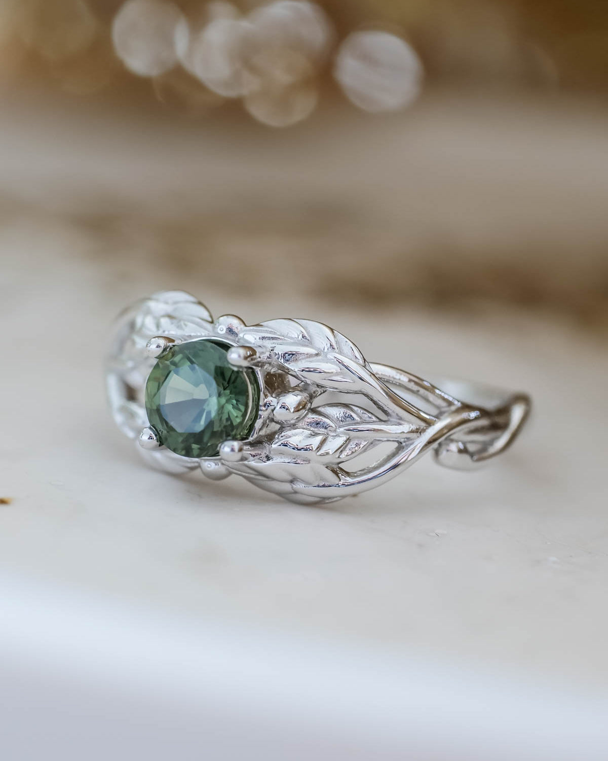Natural green sapphire engagement ring, gold leaf ring / Tilia - Eden Garden Jewelry™