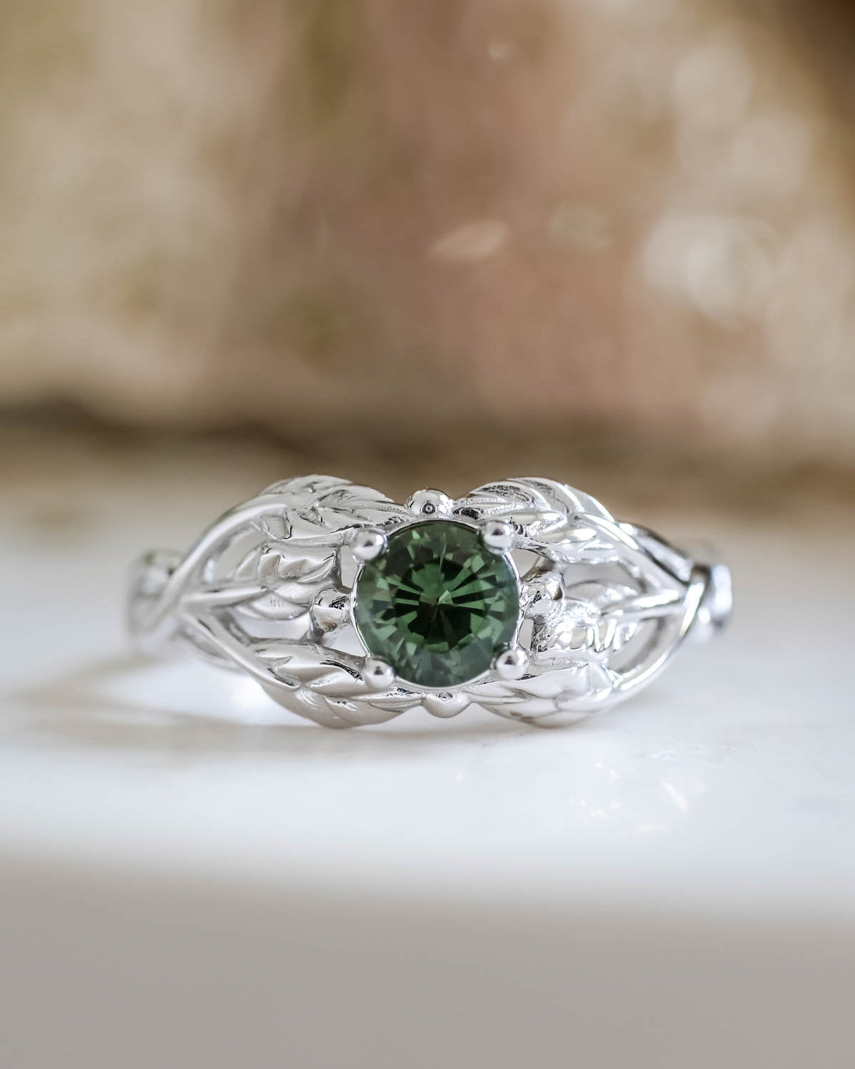 Natural green sapphire engagement ring, gold leaf ring / Tilia - Eden Garden Jewelry™
