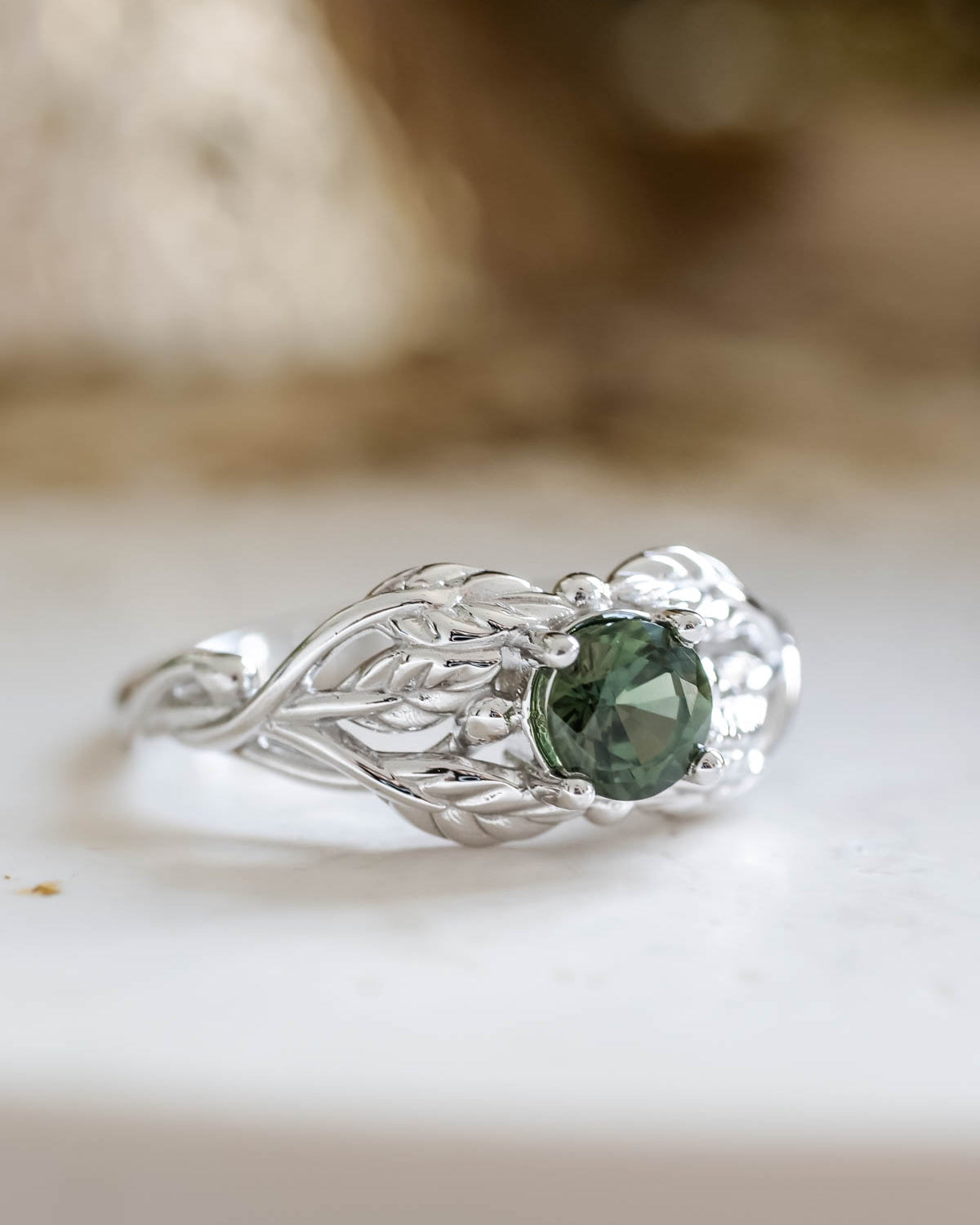 Natural green sapphire engagement ring, gold leaf ring / Tilia - Eden Garden Jewelry™
