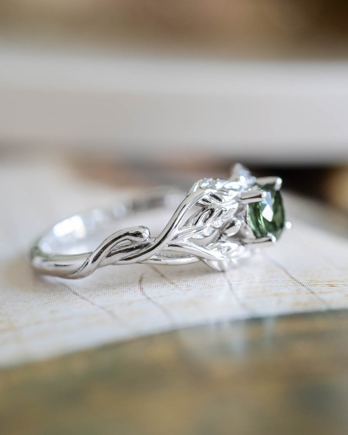 Natural green sapphire engagement ring, gold leaf ring / Tilia - Eden Garden Jewelry™