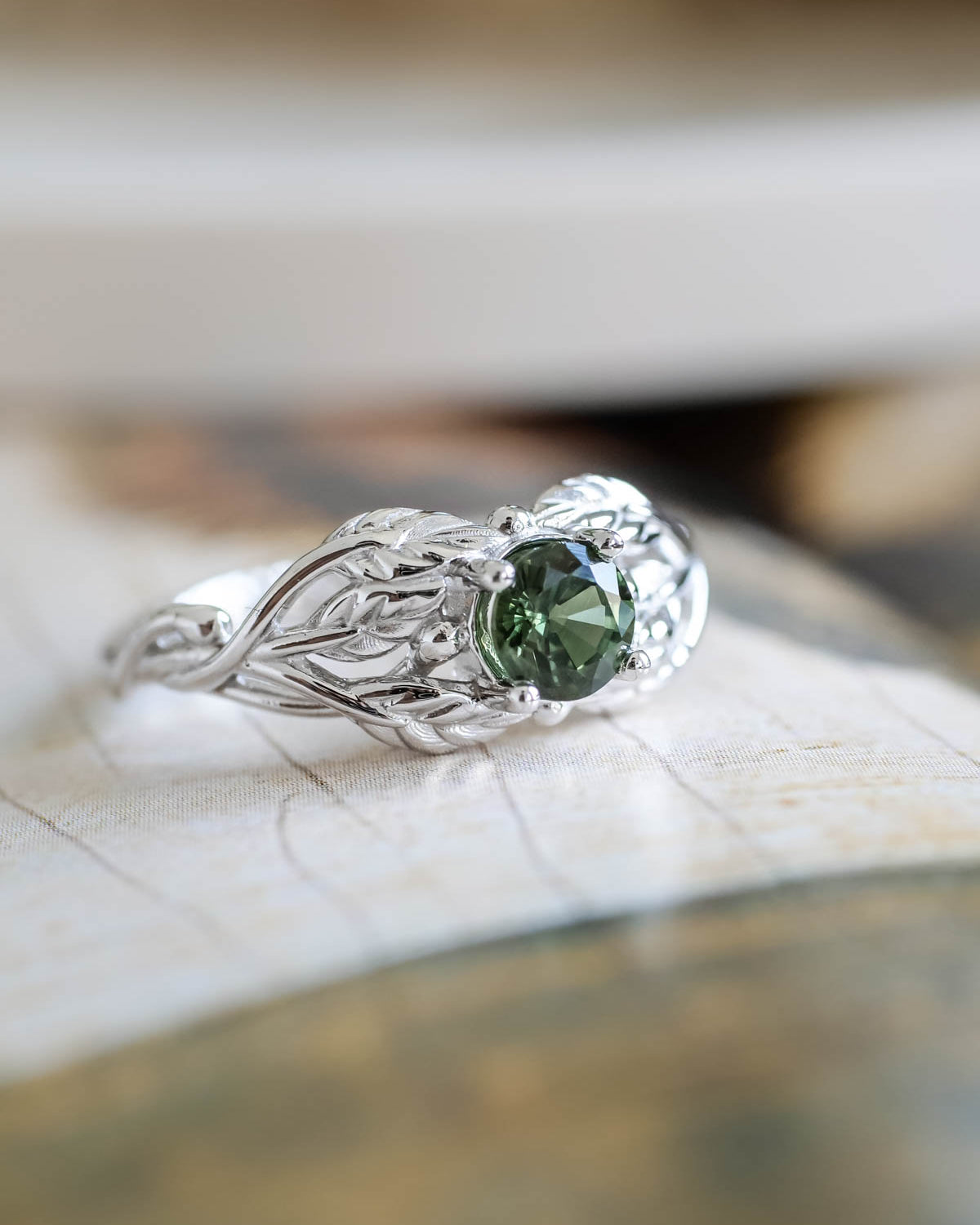Natural green sapphire engagement ring, gold leaf ring / Tilia - Eden Garden Jewelry™
