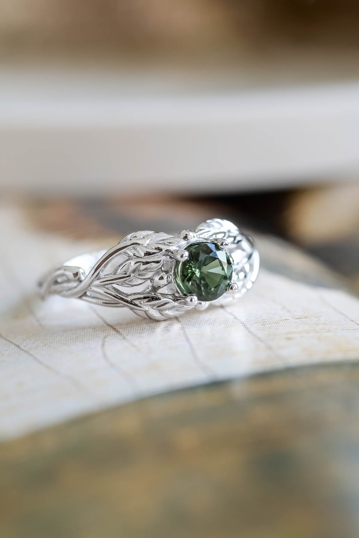 Natural green sapphire engagement ring, gold leaf ring / Tilia - Eden Garden Jewelry™