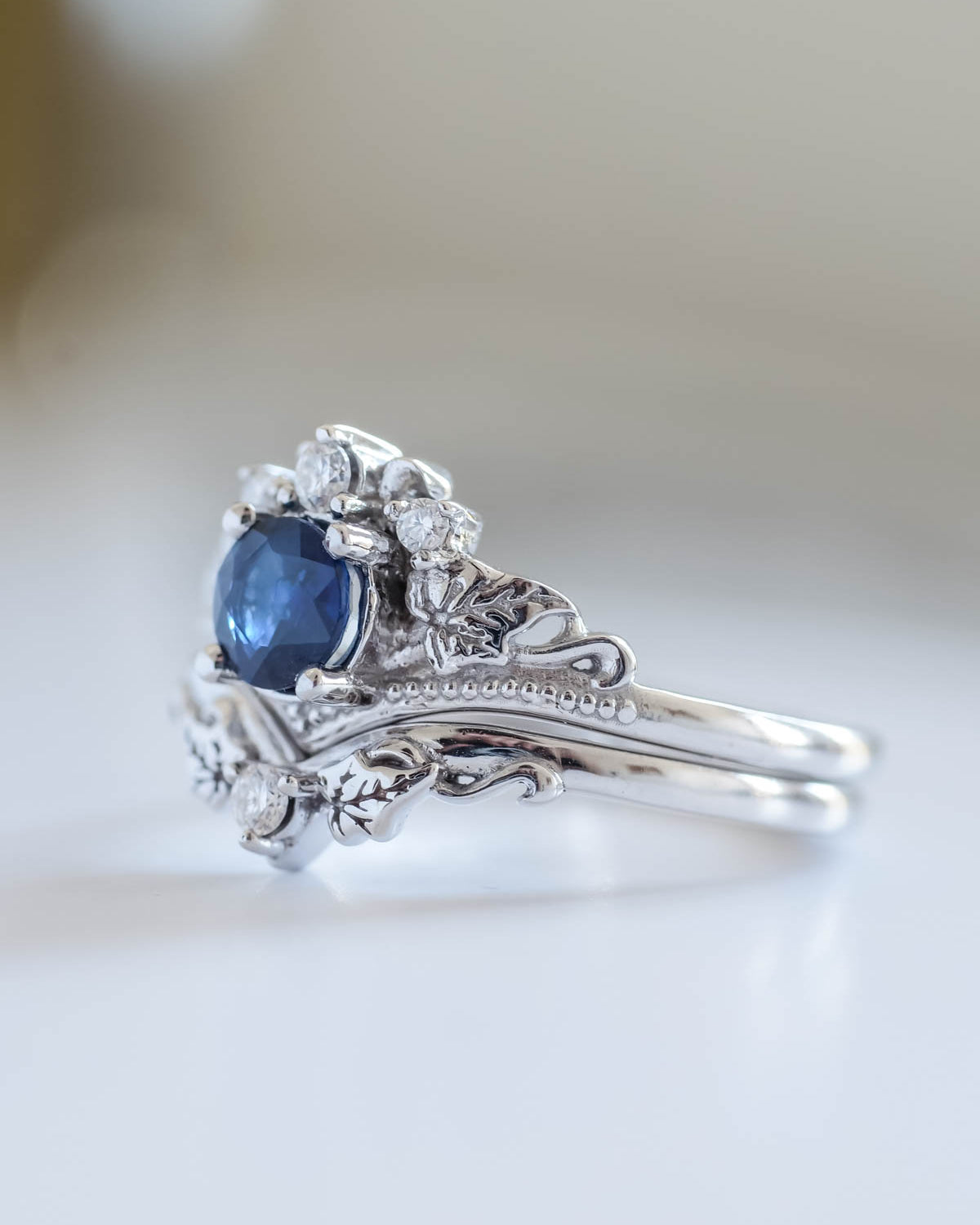 Genuine sapphire engagement ring set, fantasy bridal rings / Ariadne - Eden Garden Jewelry™