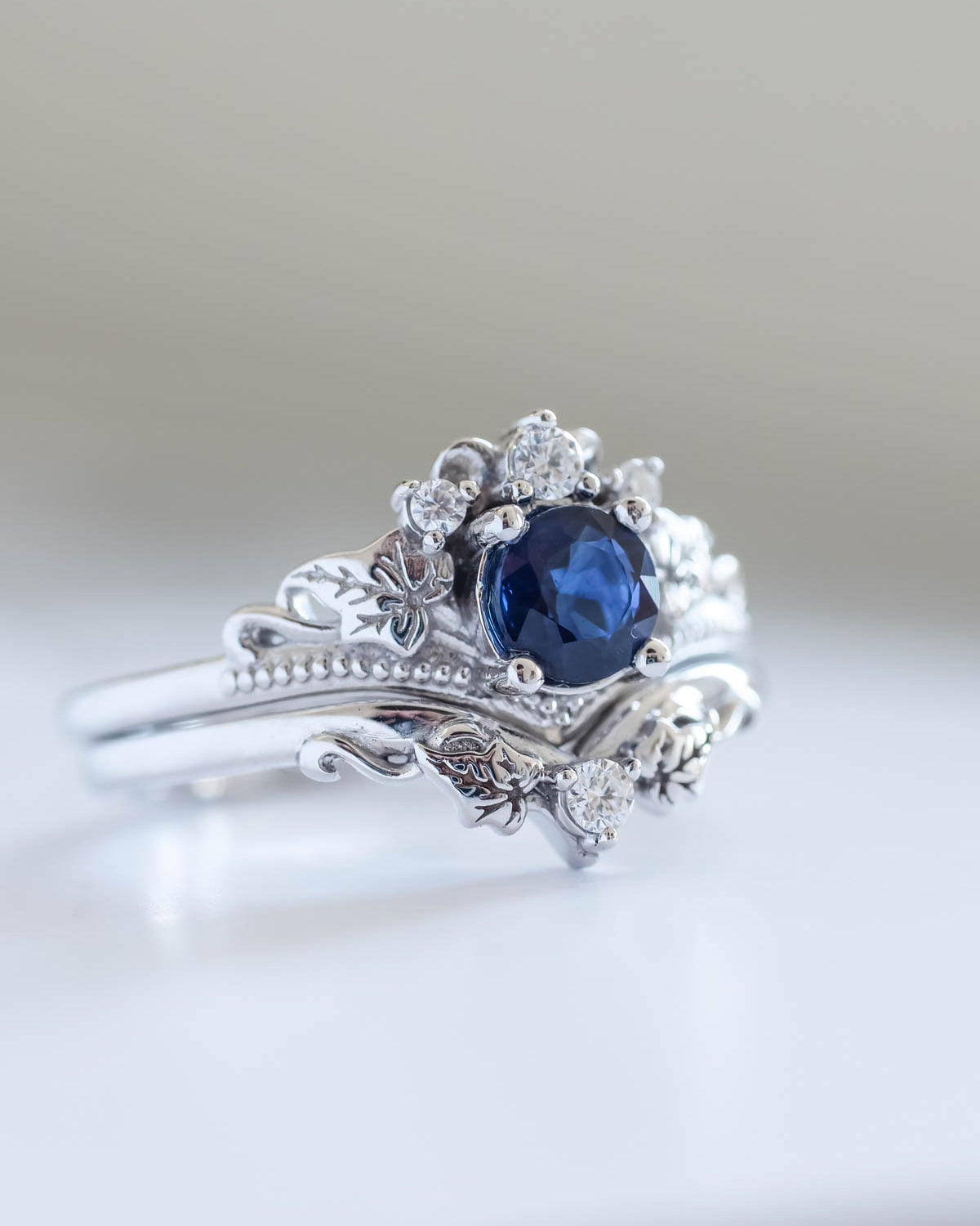 Genuine sapphire engagement ring set, fantasy bridal rings / Ariadne - Eden Garden Jewelry™