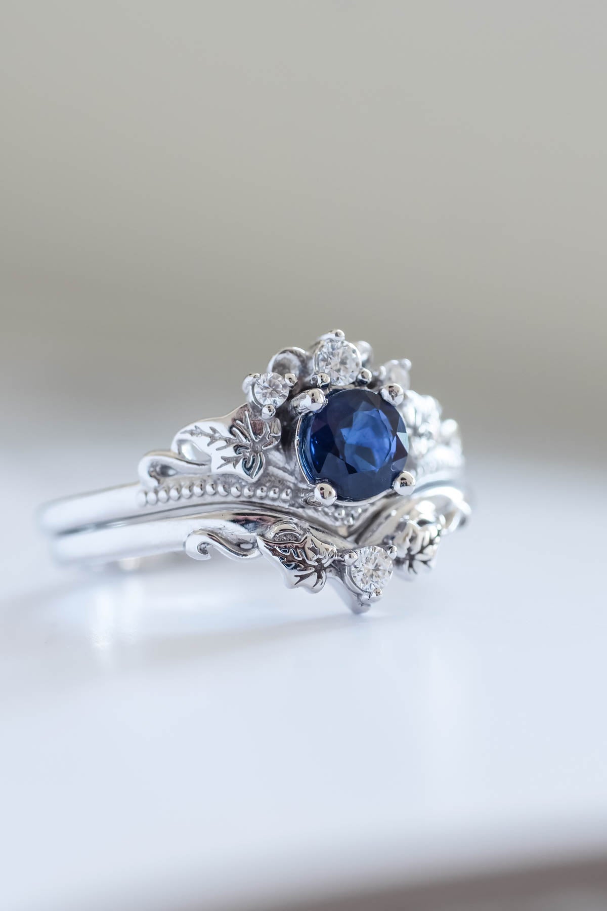 Genuine sapphire engagement ring set, fantasy bridal rings / Ariadne - Eden Garden Jewelry™