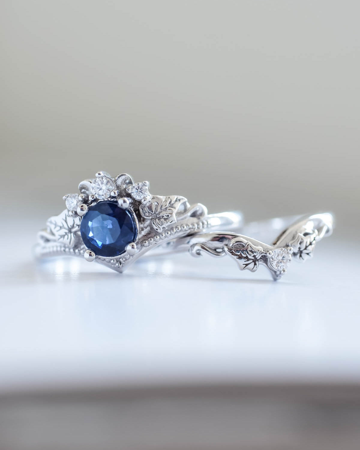 Genuine sapphire engagement ring set, fantasy bridal rings / Ariadne - Eden Garden Jewelry™