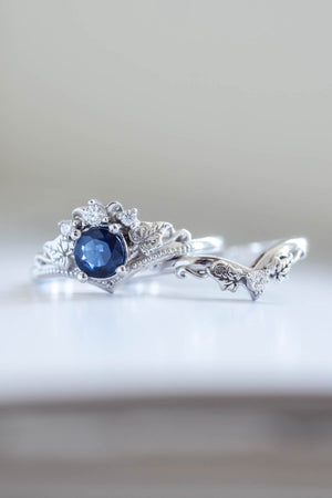READY TO SHIP: Ariadne in 14K white gold, round cut natural non-treated blue sapphire 5 mm, moissanites, RING SIZE 7 US - Eden Garden Jewelry™