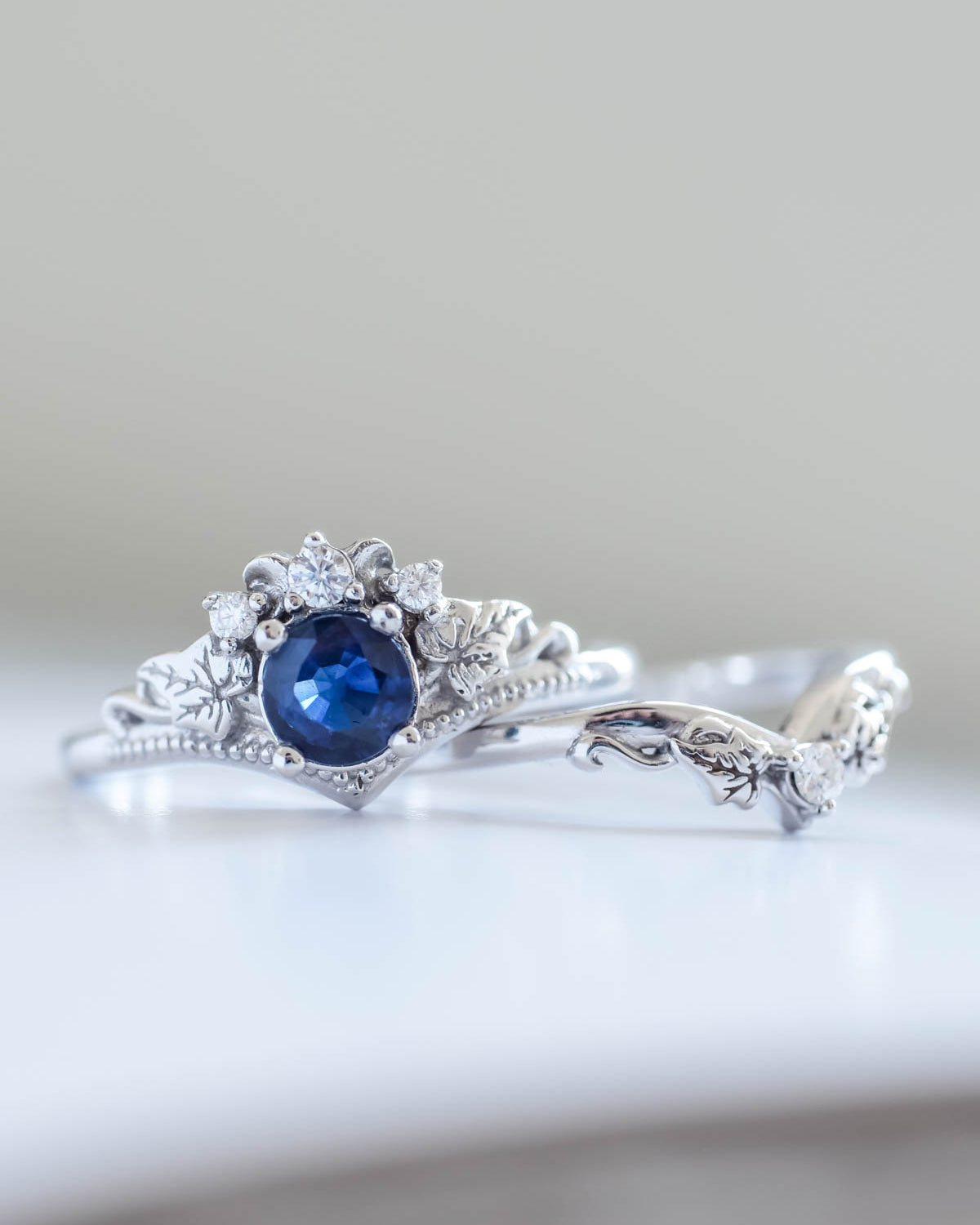 Genuine sapphire engagement ring set, fantasy bridal rings / Ariadne - Eden Garden Jewelry™