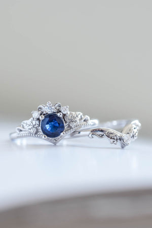 READY TO SHIP: Ariadne in 14K white gold, round cut natural non-treated blue sapphire 5 mm, moissanites, RING SIZE 7 US - Eden Garden Jewelry™