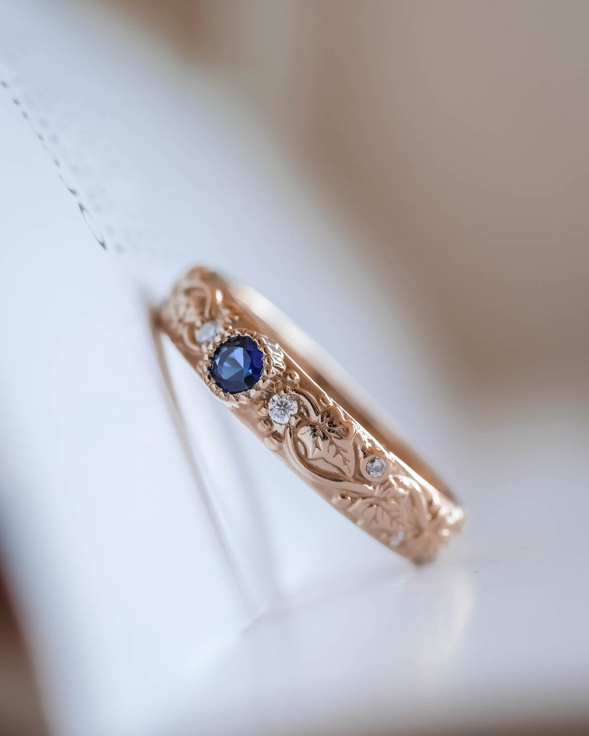 Blue sapphire wedding band, ivy leaf ring with diamonds, comfort fit ring - Eden Garden Jewelry™