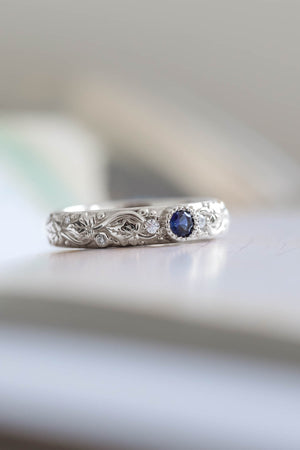 Blue sapphire wedding band, ivy leaf ring with diamonds, comfort fit ring - Eden Garden Jewelry™
