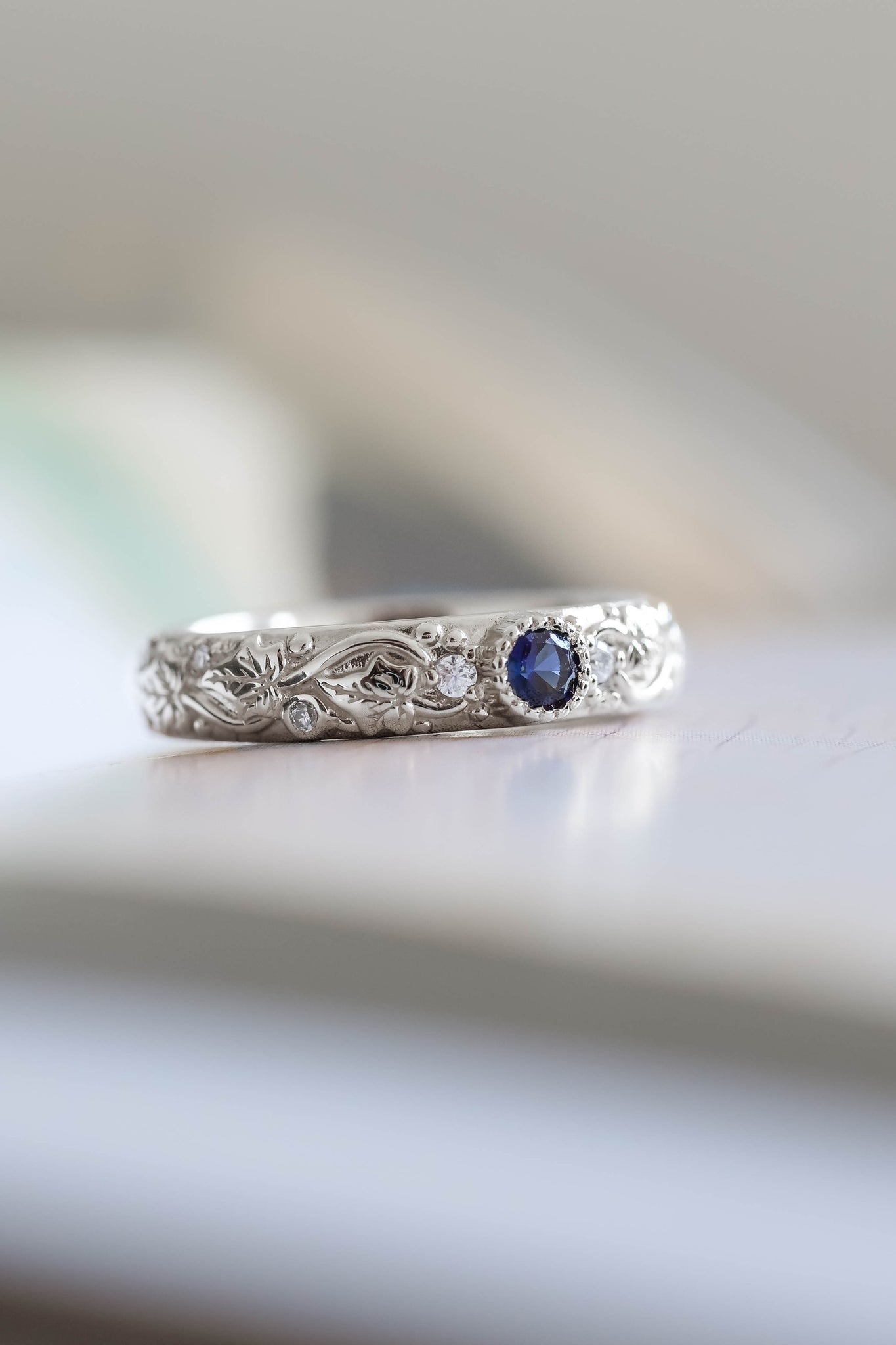 Wedding rings set for couples: classic band for him, ivy leaves band with sapphire and diamonds for her - Eden Garden Jewelry™