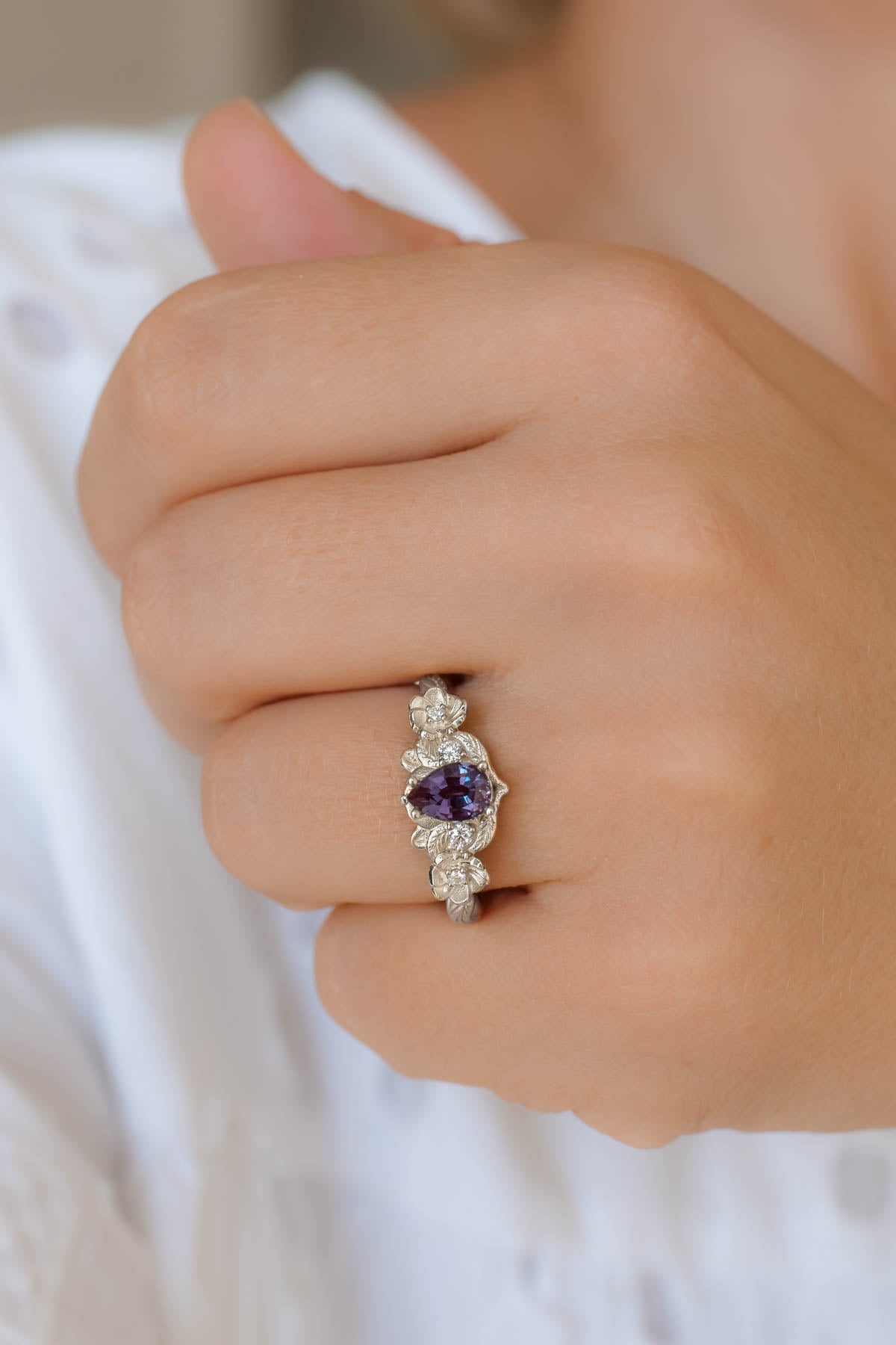 Colour changing alexandrite engagement ring, flower engagement ring / Adelina - Eden Garden Jewelry™
