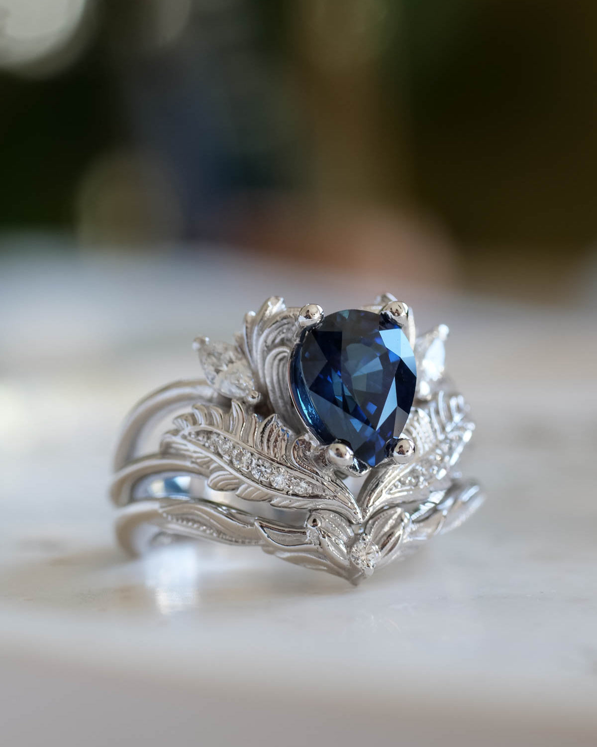 Genuine sapphire bridal ring set, gold engagement and wedding rings set with diamonds / Adonis - Eden Garden Jewelry™