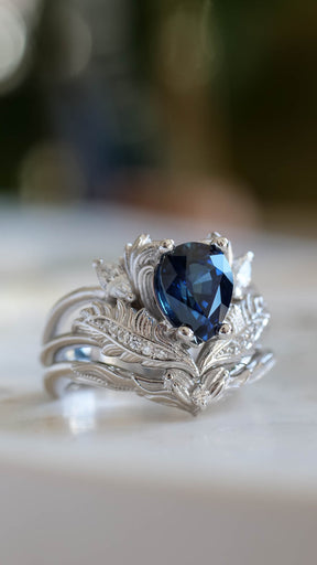 Genuine sapphire bridal ring set, gold engagement and wedding rings set with diamonds / Adonis - Eden Garden Jewelry™