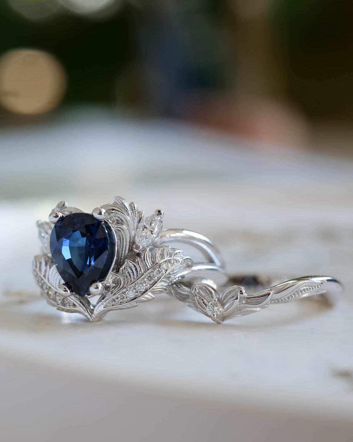 Genuine sapphire bridal ring set, gold engagement and wedding rings set with diamonds / Adonis - Eden Garden Jewelry™